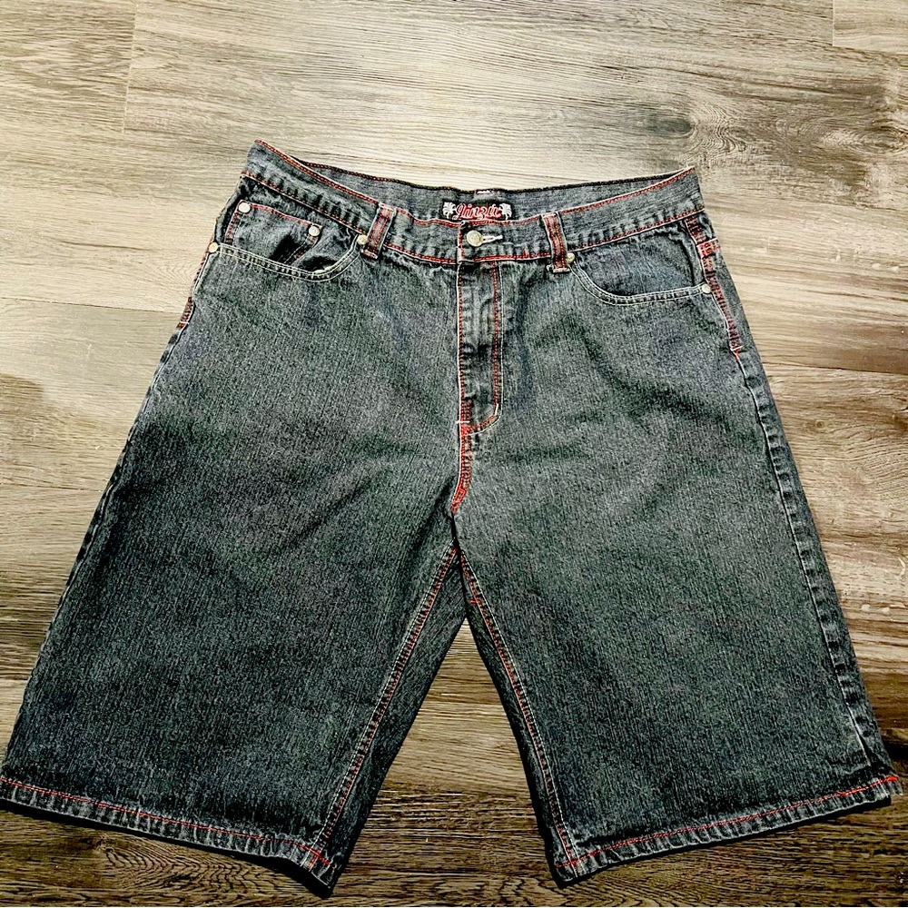 JINZU Black Y2K Embroidered Stitch Pockets Denim Long Board Denim Shorts SZ 40